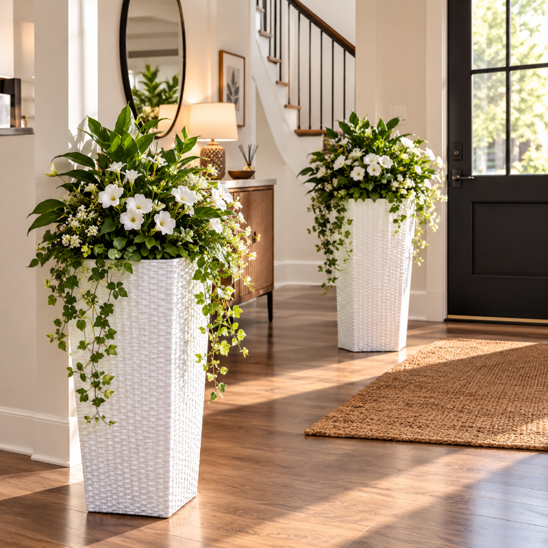 pot de fleur dans l'entre de la maison avec des belle fleurs