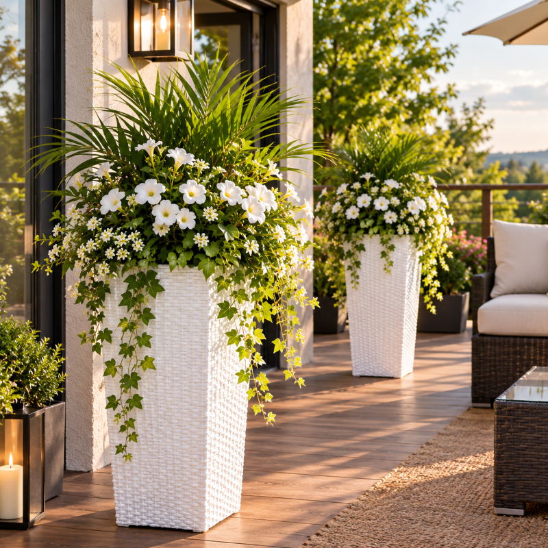 pot de fleur  décore une terrasse dehors aves des fleurs et plantes dedans