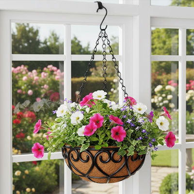 pot de fleur suspendu sur le balcon