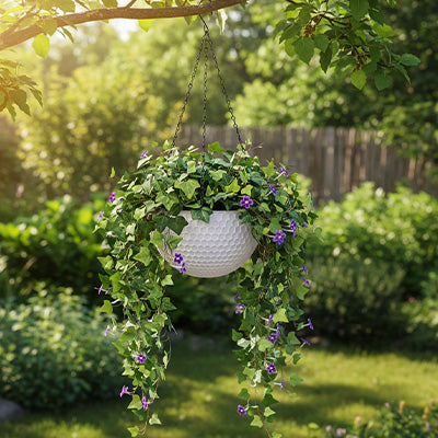 pot de fleur suspendu dans jardin