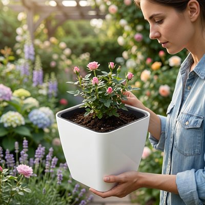 Pot de fleurs  dans les mains d'une femme