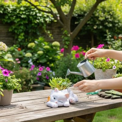 Pot de fleurs en forme de chat couché sur la table dehors