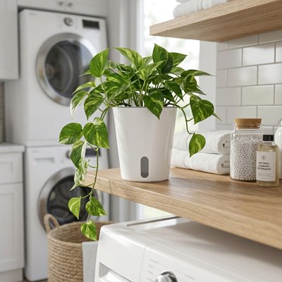 Pot de fleurs intérieur avec une plante dedans sur le comptoir de la salle de lavage