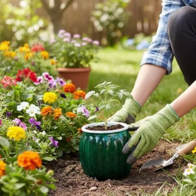 Pot de fleurs intérieur vert dehors avec une plante dedans
