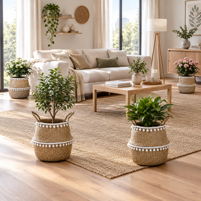 Salon moderne avec cache-pots tressés, plantes, petit arbre et fleurs