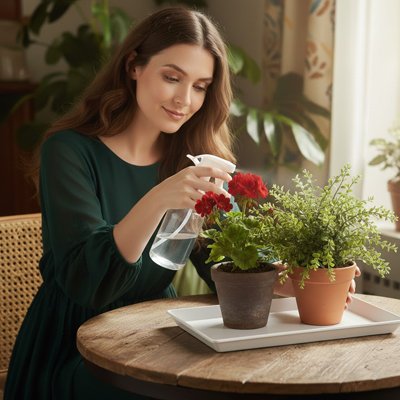 Soucoupe pour pot de fleur avec des fleur arroser par une femme