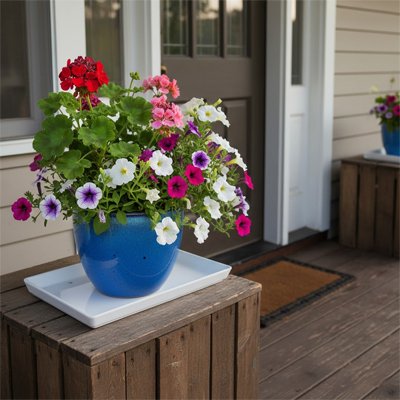 Soucoupe pour pot de fleur avec un pot devant la porte