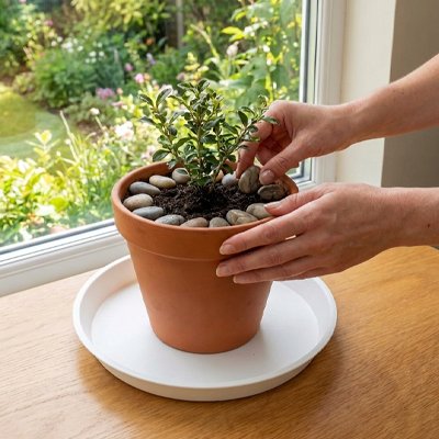 Soucoupe pour pot de fleur sur la  table avec un pot de plante