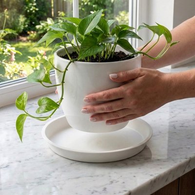 Soucoupe pour pot de fleur  sur le bord du balcon avec un pot