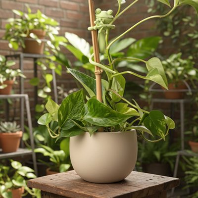 Support plante grimpante en forme grenouille qui tient une plante avec un support