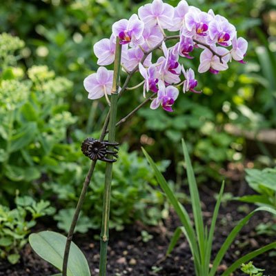 Support plante grimpante en forme de pinces qui tient une fleur dans le jardin 