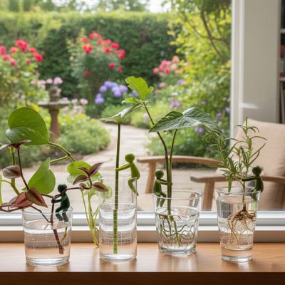 Support plante intérieur en forme de bonhomme qui tient une plante dans un verre d'eau