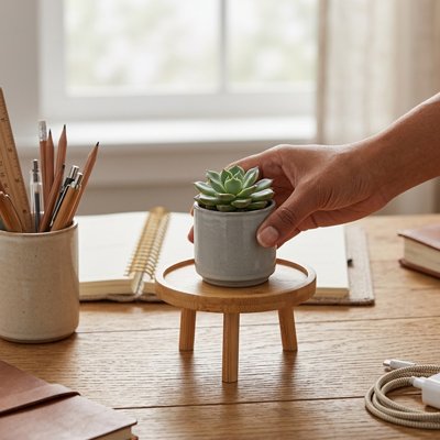 Support plante intérieur sur un bureau avec une plante
