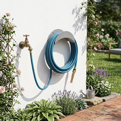 Support tuyau arrosage accroche sur un mure de jardin avec un tuyau 