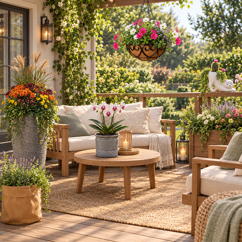 Terrasse décorée avec les pots de fleurs de la collection