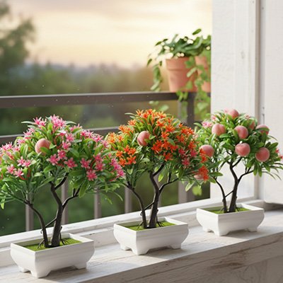 trois Plante artificielle devant la fenêtre 
