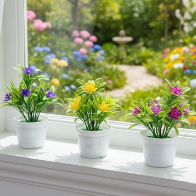 trois Plante artificielle de fleur de différente couleur ou rebord de la fenêtre 