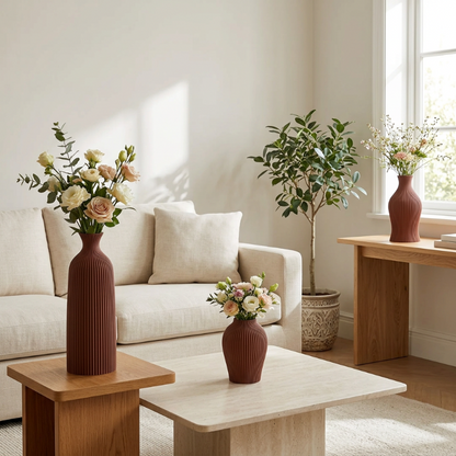 trois vases avec des fleurs dans un salon élégant