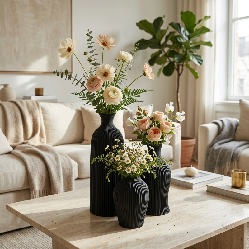 Trois vases noirs fleuris dans un salon lumineux