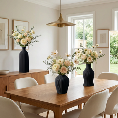 Trois vases noirs fleuris décorant une salle à manger élégante