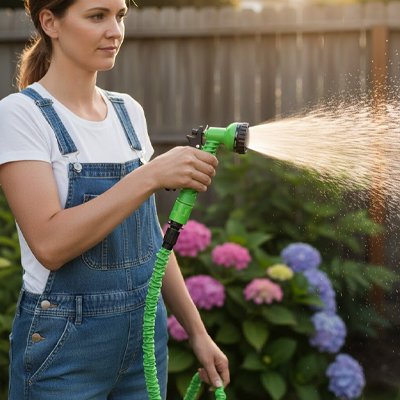 Tuyau arrosage extensible dans la main d'une femme