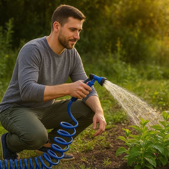 Tuyau arrosage extensible dans la main d'un monsieur qui arrose des plantes.