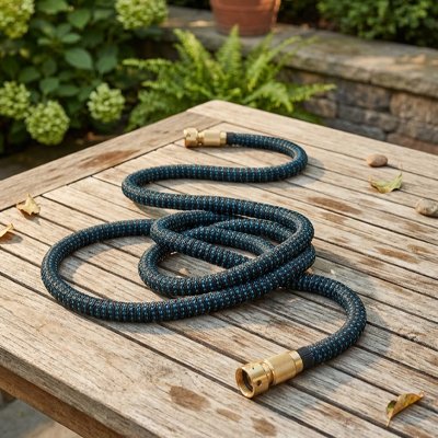 Un Tuyau arrosage extensible sur une table de jardin