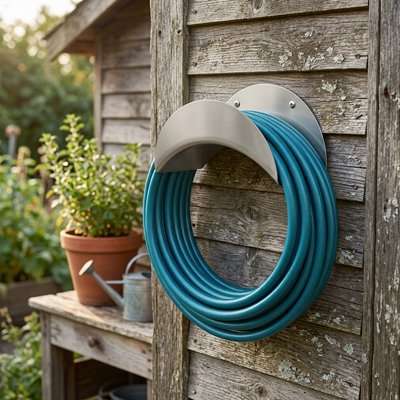 un tuyau bien arrange sur le Support tuyau arrosage dans le jardin