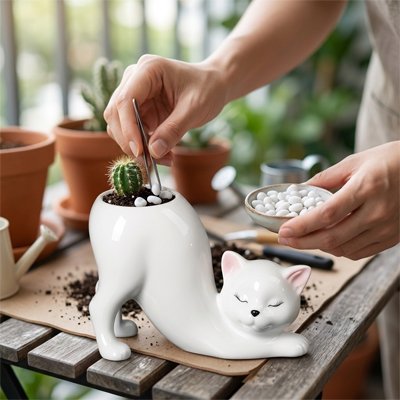 un homme qui décore une plante dans un Pot de fleur en forme de chat 