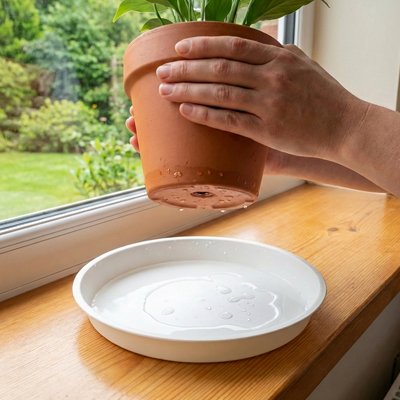 un pot de plante arrose avec sa Soucoupe pour pot de fleur 