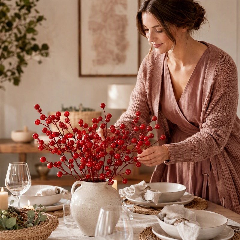une femme arrangeant des branches de baies rouges artificielles dans un vase, au centre d'une table à manger.
