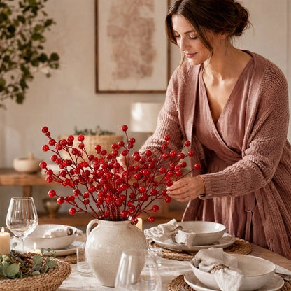 une femme arrangeant des branches de baies rouges artificielles dans un vase, au centre d'une table à manger.