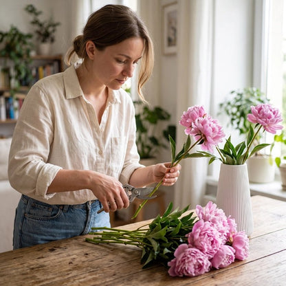 une femme prépare un arrangement floral de pivoines roses  dans le vase à l'intérieur d'une maison lumineuse.