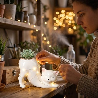 une femme qui met des guirlande sur un Pot de fleur en forme de chat
