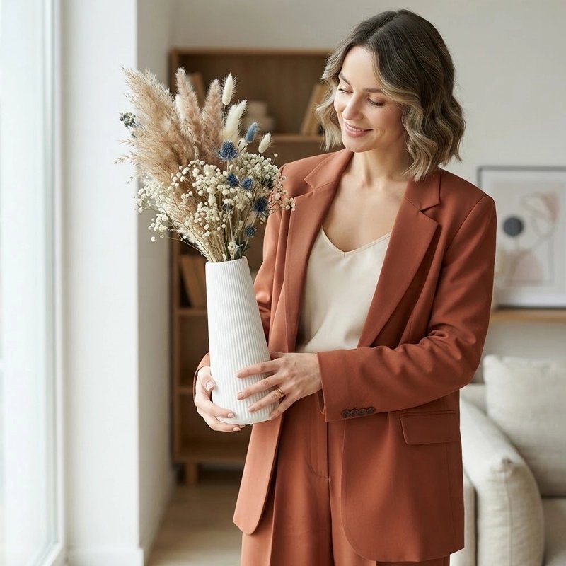 une femme souriante debout dans un salon lumineux, tenant un vase de fleurs séchées