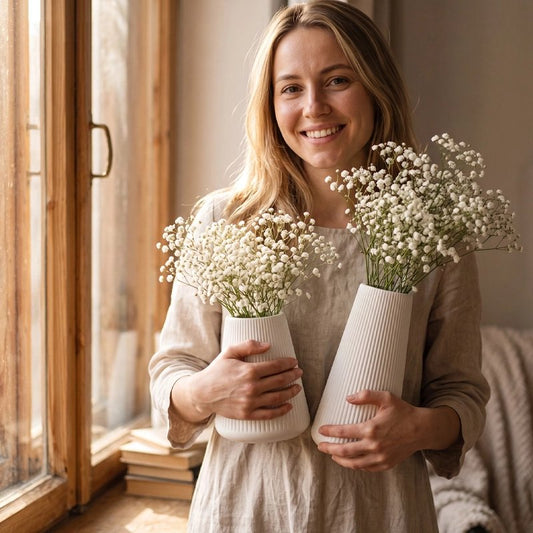 une jeune femme souriante tenant délicatement deux vases avec  des bouquets de fleurs