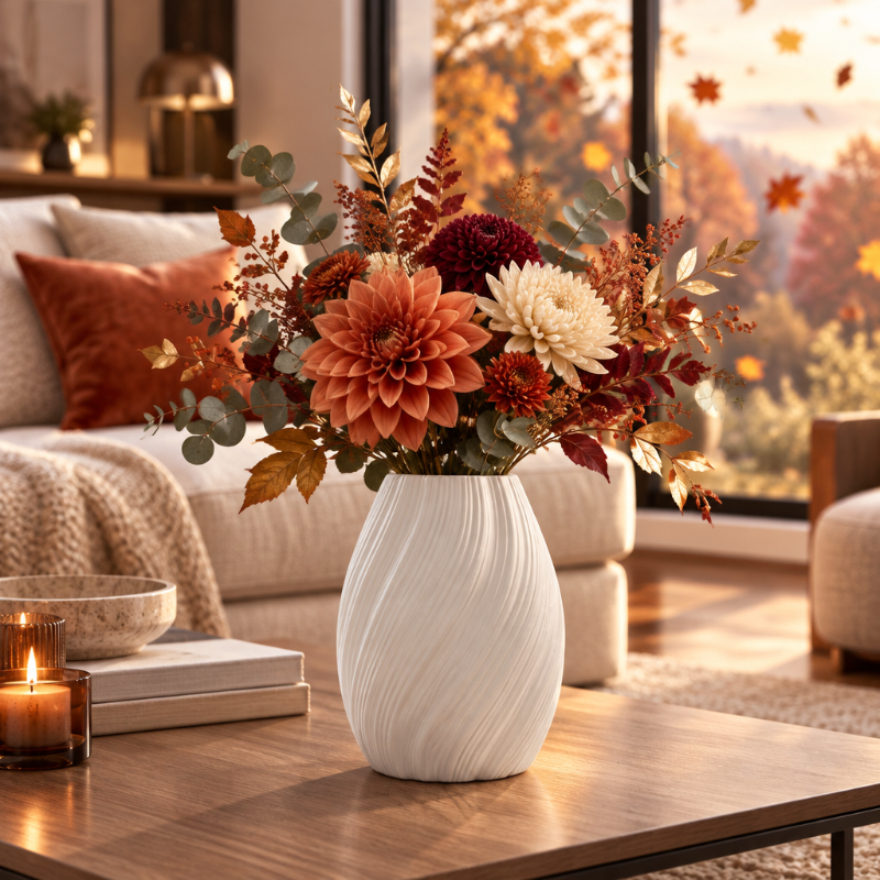 Vase avec fleurs d’automne dans un salon élégant