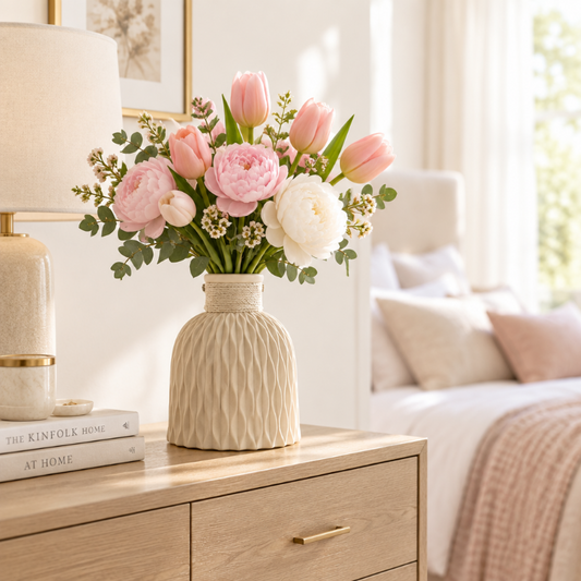 Vase avec fleurs sur une commode dans une chambre chic