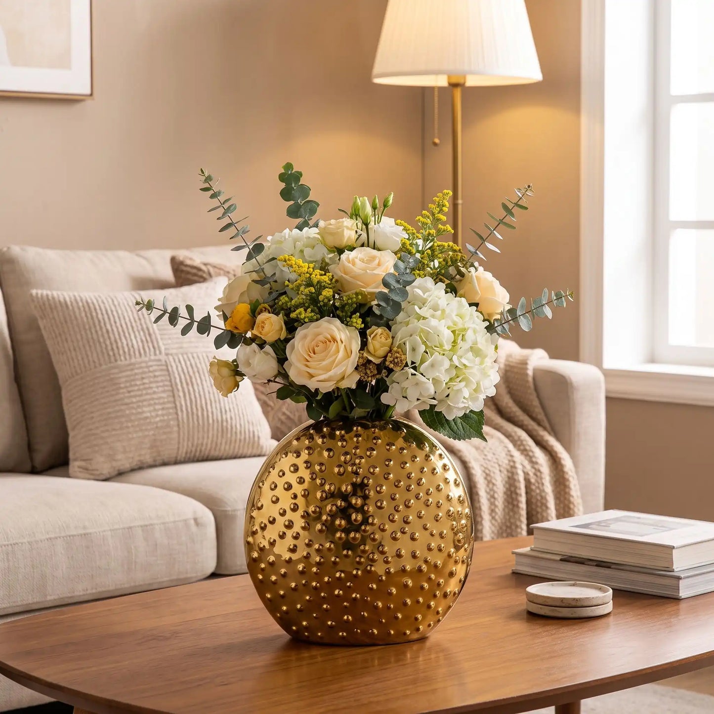 un vase avec des fleur sur la table du salon