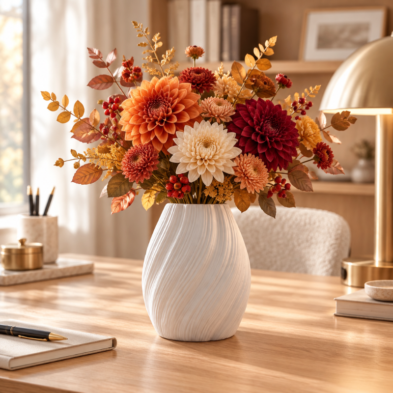 Vase blanc avec bouquet de fleurs d’automne sur un bureau chic