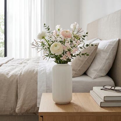 Vase blanc fleuri dans une chambre lumineuse
