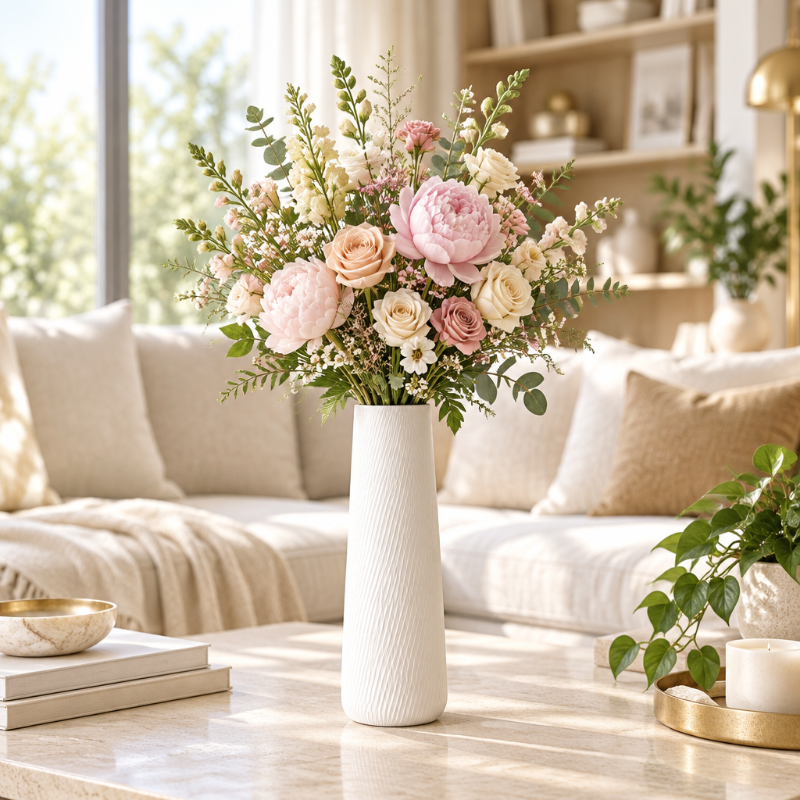 vase blanc fleuri dans un salon chic et lumineux