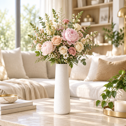 vase blanc fleuri dans un salon chic et lumineux