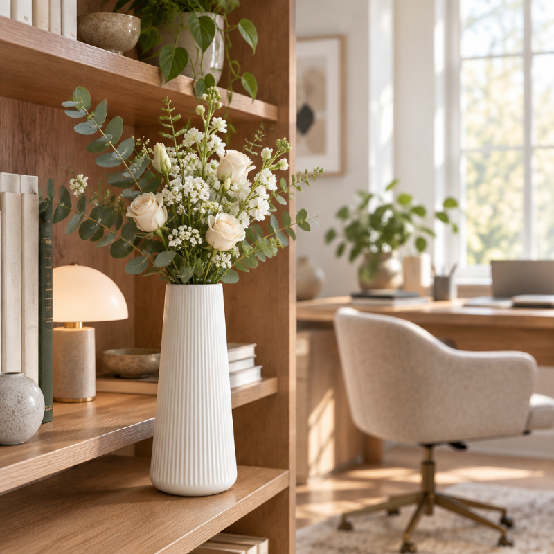 Vase blanc fleuri sur une bibliothèque dans un beau bureau