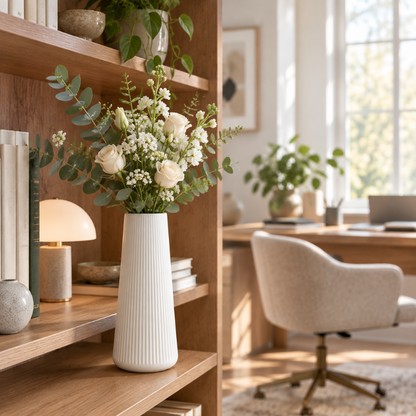 Vase blanc fleuri sur une bibliothèque dans un beau bureau