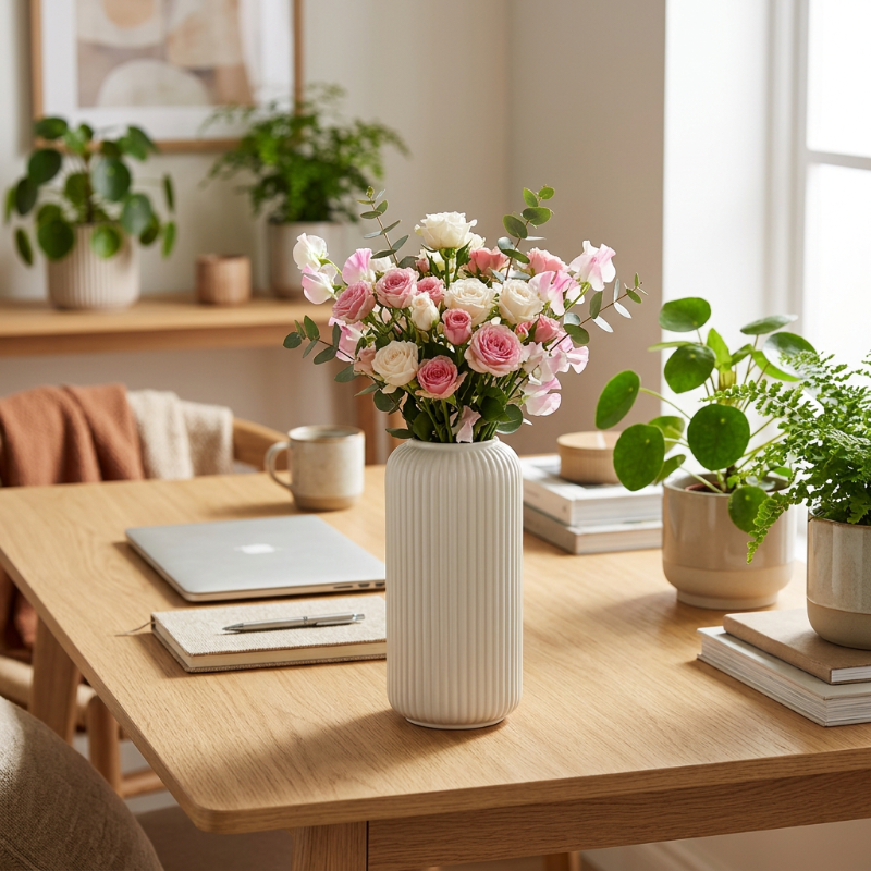 Vase blanc fleuri sur un bureau lumineux entouré de plantes