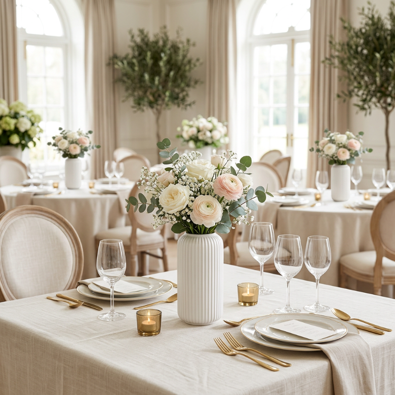 Vase blanc fleuri sur des tables de réception de mariage élégamment décorées