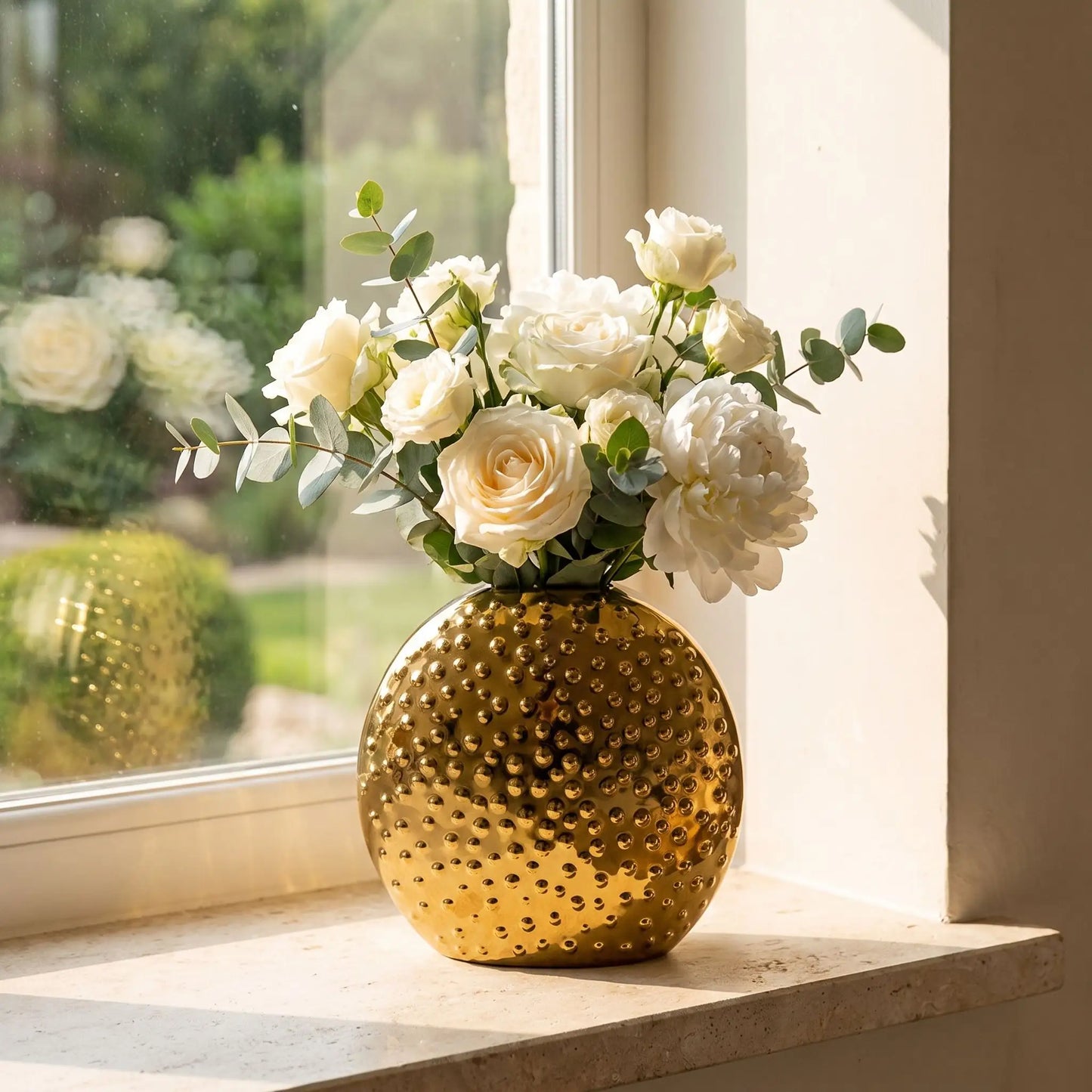 un vase au bord de la fenêtre avec des fleurs
