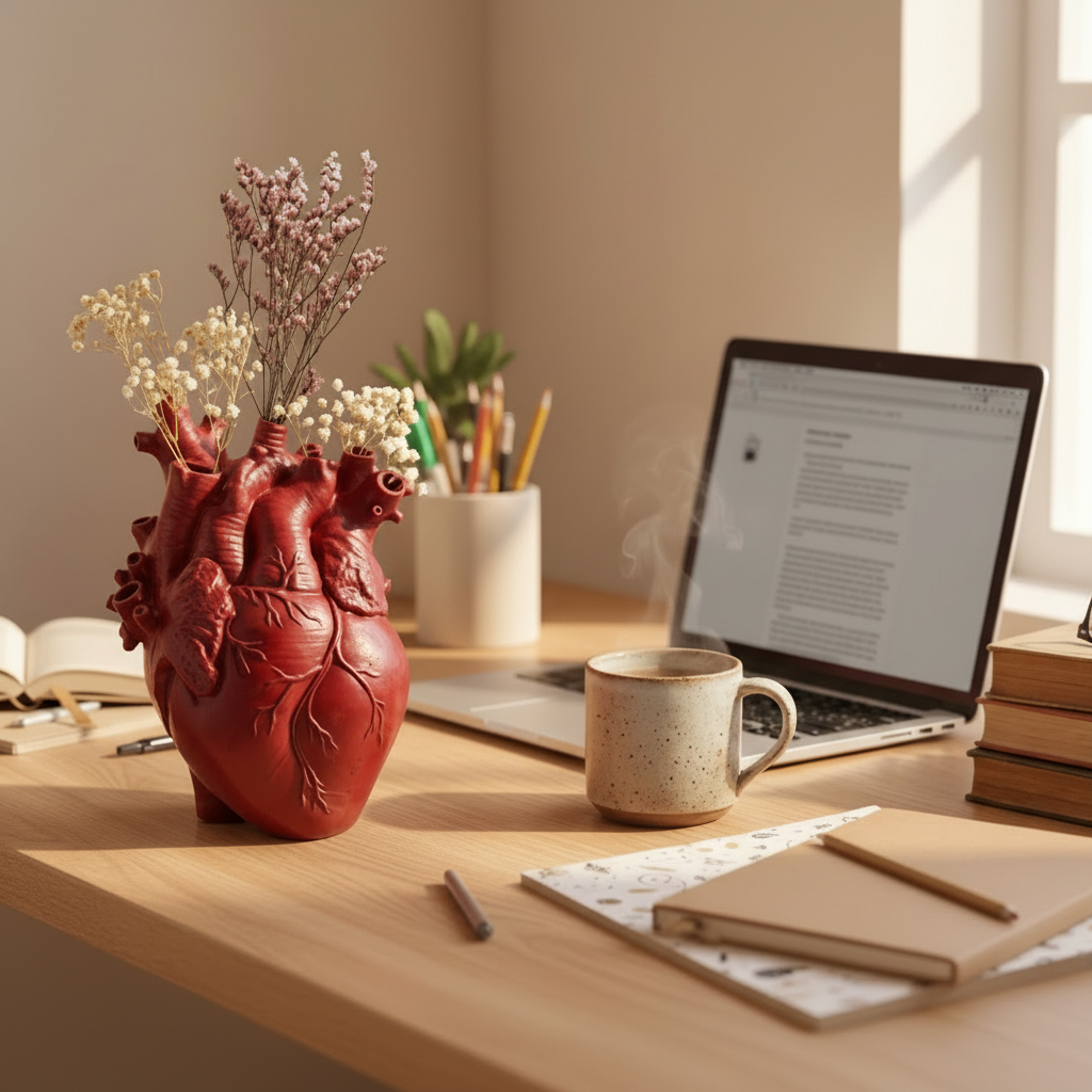 Vase cœur rouge sur bureau d'étudiant - format carré
