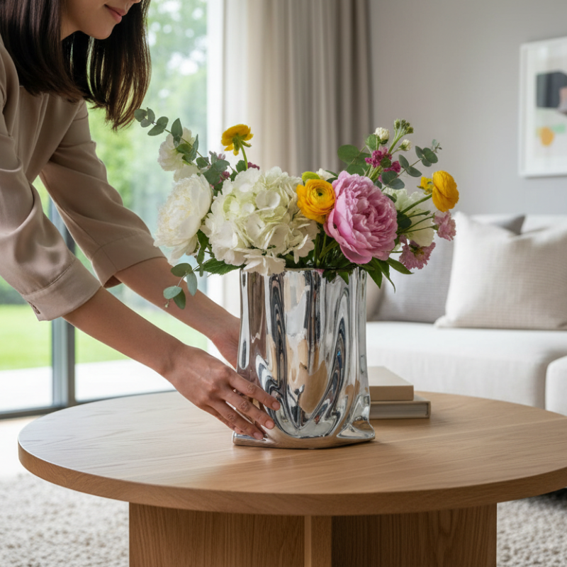 vase céramique argenté posé sur une table de salon par une femme, entouré de fleurs.